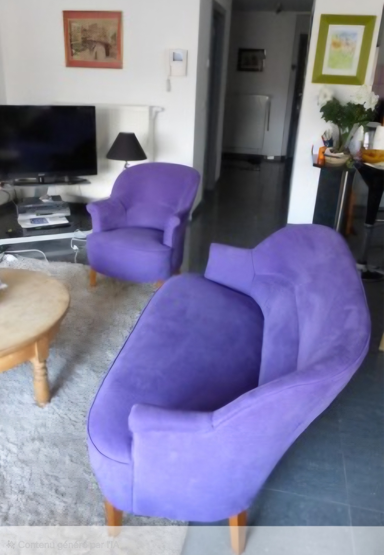 Salon crapaud — canapé et fauteuil assortis en velours violet