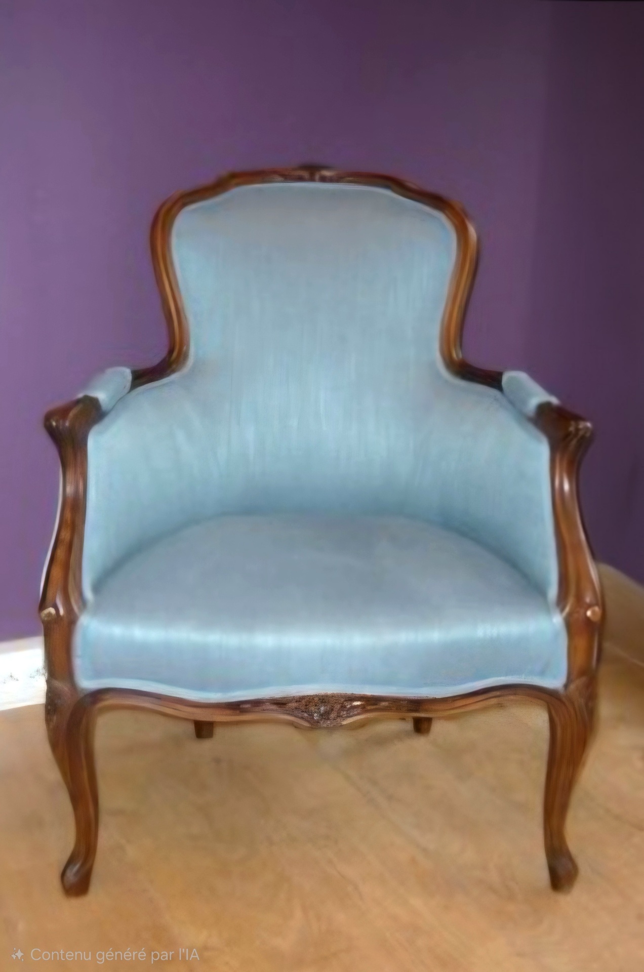 Bergère Louis XV garnie en velours bleu ciel, bois ciré