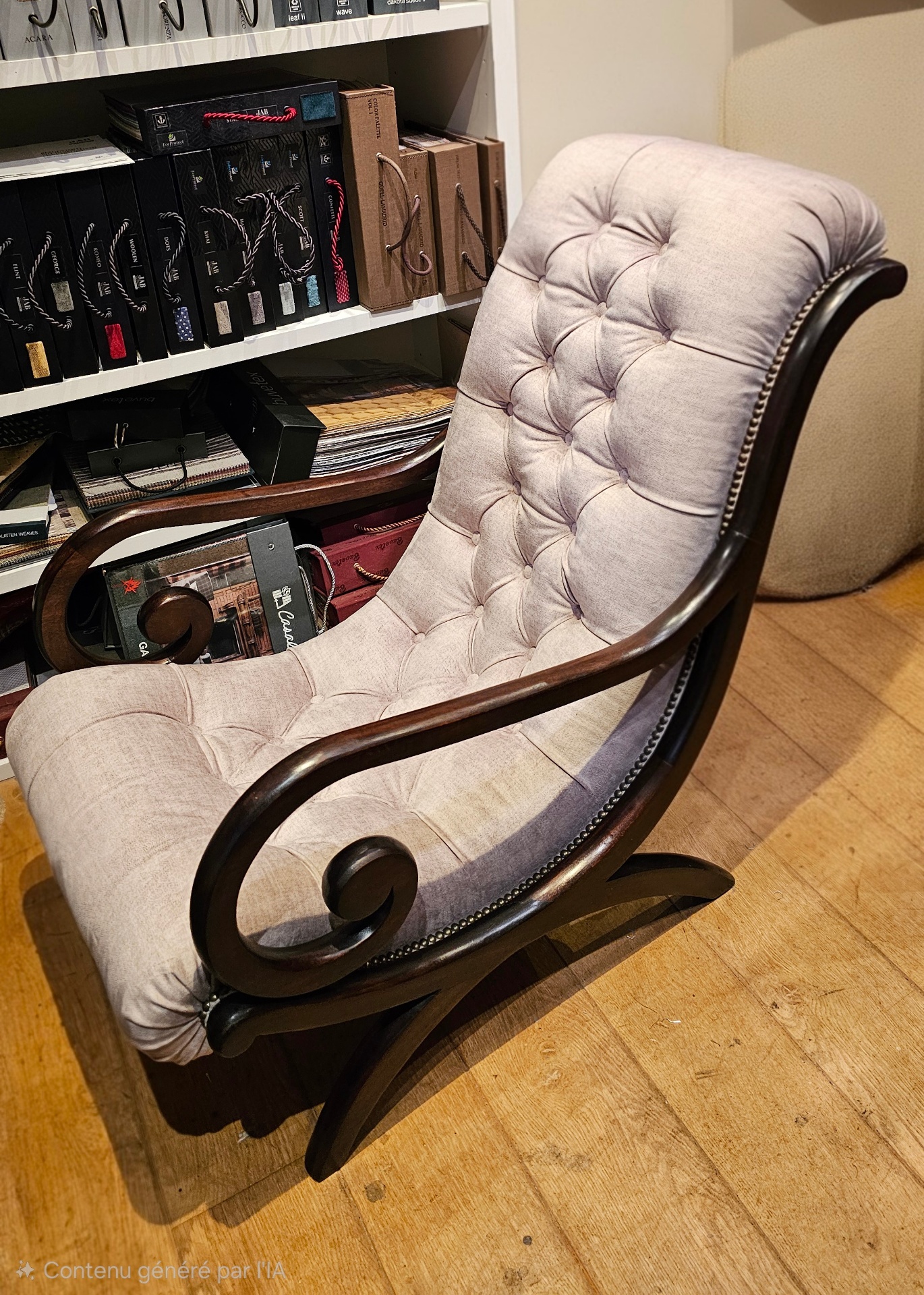 Fauteuil gondole capitonné en lin rose poudré, bois acajou sculpté, clouté laiton