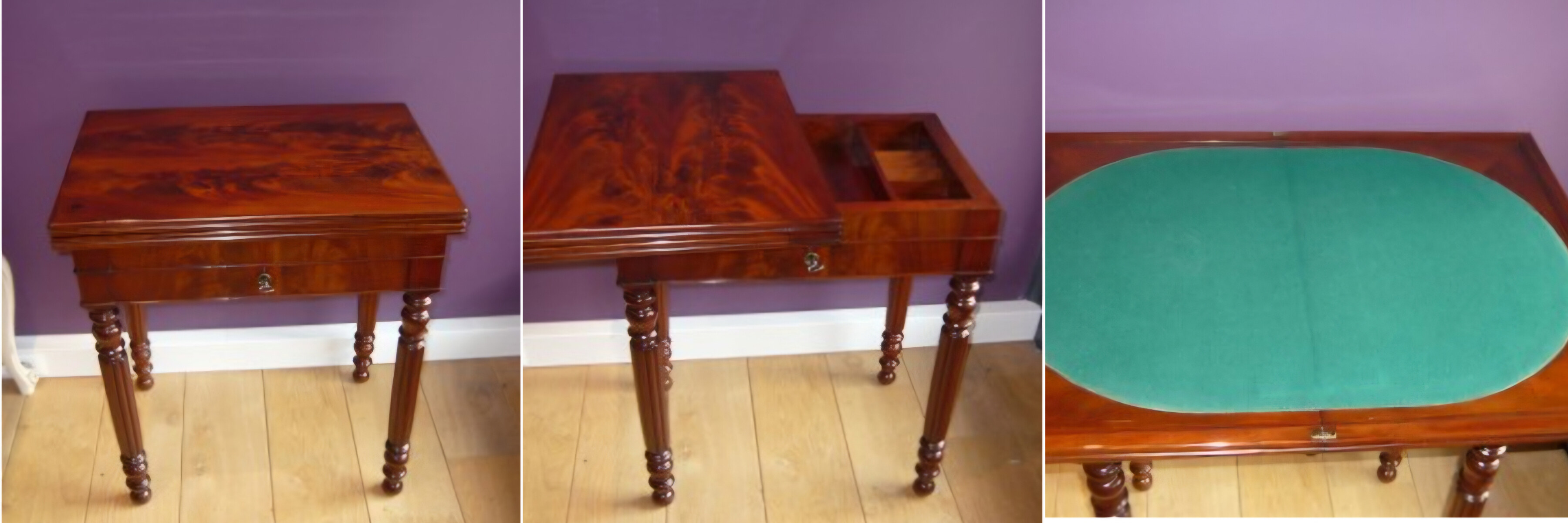 Table à jeux en acajou après restauration — vue de face, vue ouverte et tapis de jeu en feutrine verte